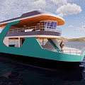 Modern Two Deck Ship With Teal And Wooden Design On Water