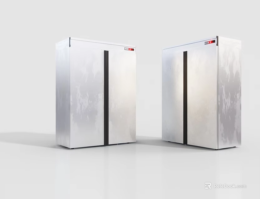 Two Upright Double Door Silver Refrigerators With Red Logo And Modern Design 3d model 