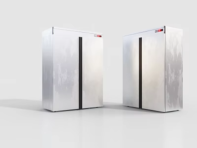 Two Upright Double Door Silver Refrigerators With Red Logo And Modern Design 3d model
