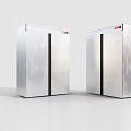 Two Upright Double Door Silver Refrigerators With Red Logo And Modern Design