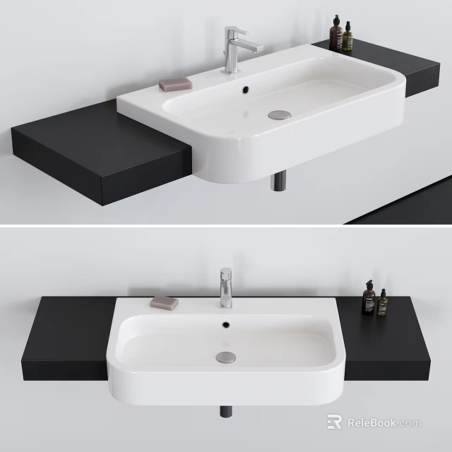Modern White Ceramic Washbasin With Black Floating Shelf Faucet And Toiletries 3d model 