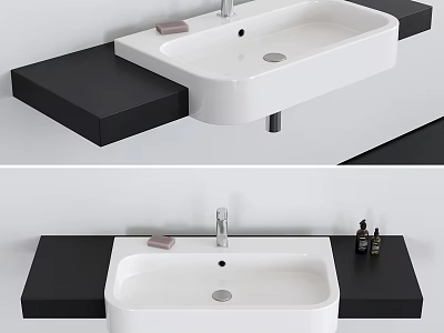 Modern White Ceramic Washbasin With Black Floating Shelf Faucet And Toiletries 3d model
