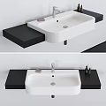 Modern White Ceramic Washbasin With Black Floating Shelf Faucet And Toiletries