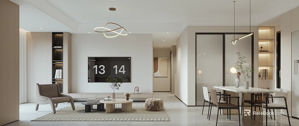Modern Living Dining Room Interior With Wall TV Hanging Chandelier Sofa Coffee Table And Dining Chairs 3d model 