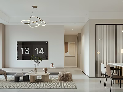 Modern Living Dining Room Interior With Wall TV Hanging Chandelier Sofa Coffee Table And Dining Chairs 3d model