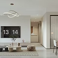 Modern Living Dining Room Interior With Wall TV Hanging Chandelier Sofa Coffee Table And Dining Chairs