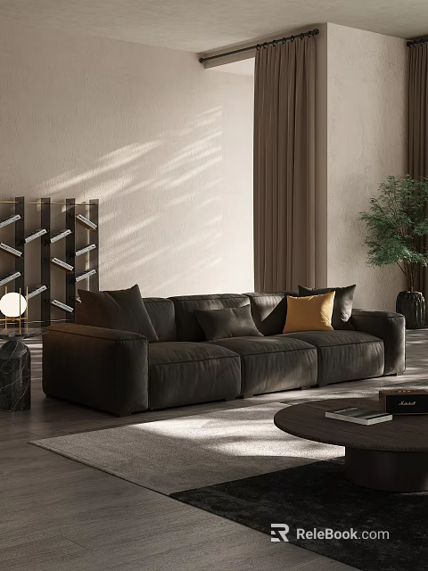 Modern Living Room With Dark Brown Sofa Light Wall Sunlight Shadows Curtains Cushions And Plant 3d model 