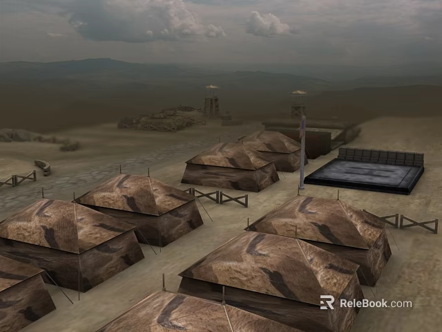Military Camp With Multiple Tents In Desert Landscape Under Cloudy Sky 3d model 