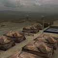 Military Camp With Multiple Tents In Desert Landscape Under Cloudy Sky
