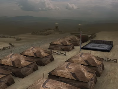 Military Camp With Multiple Tents In Desert Landscape Under Cloudy Sky 3d model