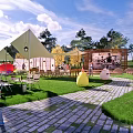 Garden Landscape Design With Green Lawn Circular Pavilions Winding Paths And Trees