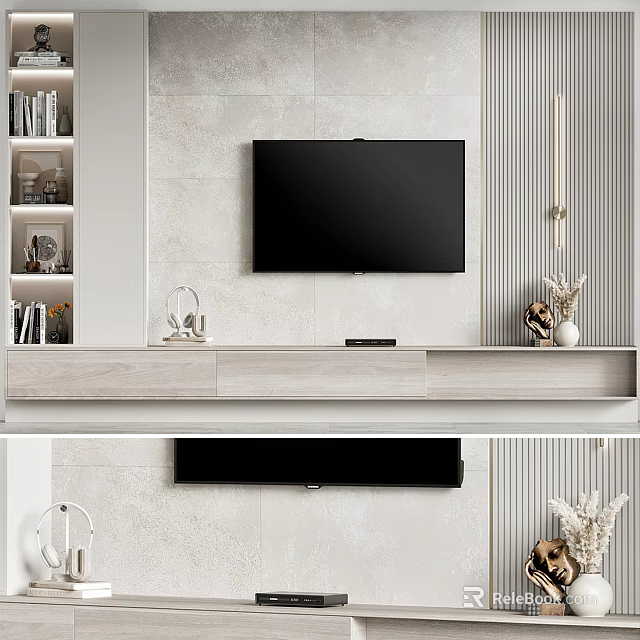 Modern Minimalist TV Wall Design With Stone Tile Backdrop Wooden Media Console And Decorative Ornaments 3d model 