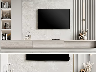 Modern Minimalist TV Wall Design With Stone Tile Backdrop Wooden Media Console And Decorative Ornaments 3d model