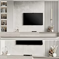 Modern Minimalist TV Wall Design With Stone Tile Backdrop Wooden Media Console And Decorative Ornaments