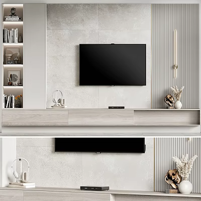 Modern Minimalist TV Wall Design With Stone Tile Backdrop Wooden Media Console And Decorative Ornaments 3d model