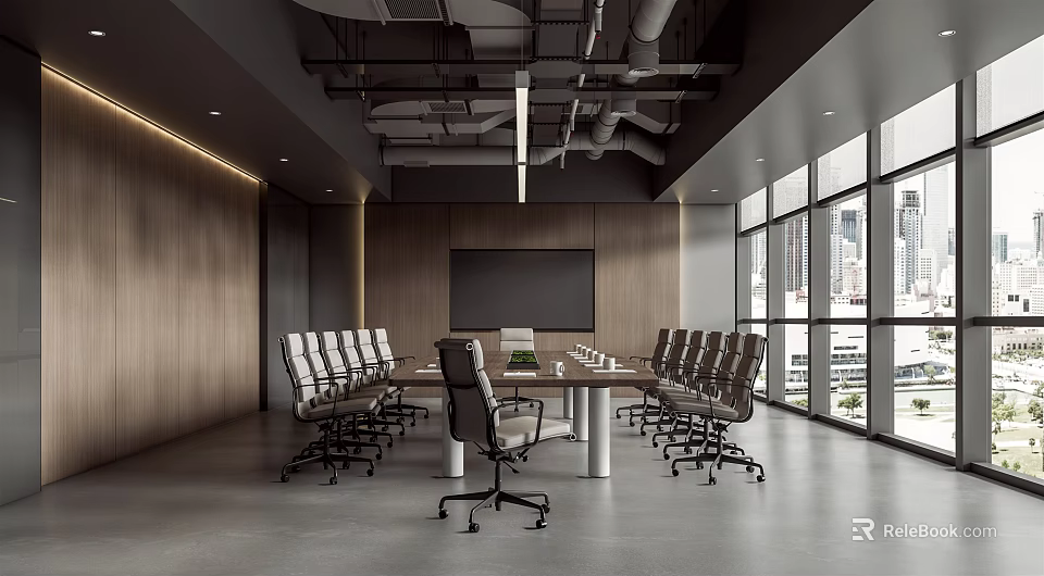 Modern Conference Room Interior With Large Table Chairs Blackboard And City View Windows 3d model 
