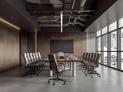 Modern Conference Room Interior With Large Table Chairs Blackboard And City View Windows 3d model