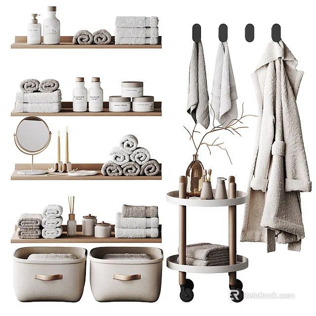Washing Daily Essentials Organized Bathroom Storage With Towels Bottles And Shelves 3d model 