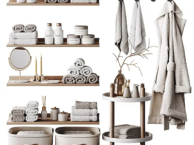 Washing Daily Essentials Organized Bathroom Storage With Towels Bottles And Shelves 3d model