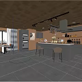 Modern Kitchen Interior With Wooden Ceiling Brick Wall Central Island And Bar Stools