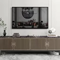 Modern Chinese Wooden TV Stand With Ornamental Details And Above Mirror Side Green Plant