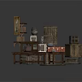 Vintage Rustic Wooden Storage Boxes And Furniture With Shelves Table Display Scene