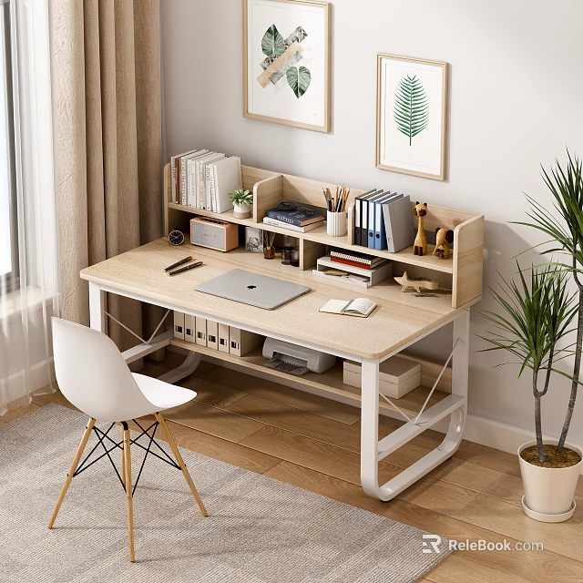 Modern Wooden Desk with Laptop Books Stationery White Chair Decorative Paintings and Green Plant 3d model 