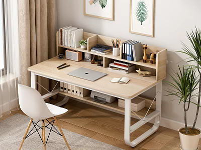 Modern Wooden Desk with Laptop Books Stationery White Chair Decorative Paintings and Green Plant 3d model