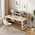 Modern Wooden Desk with Laptop Books Stationery White Chair Decorative Paintings and Green Plant