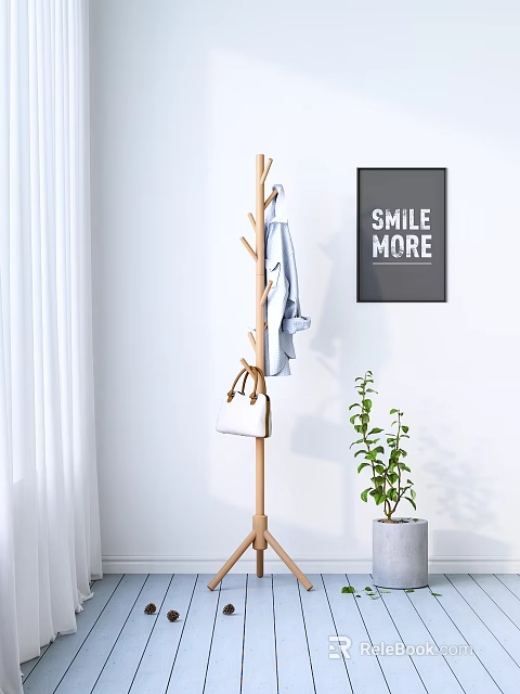 Wooden Coat Rack With Light Blue Coat White Bag Green Plant And Smile More Art 3d model 