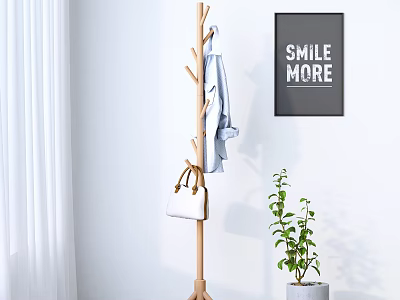 Wooden Coat Rack With Light Blue Coat White Bag Green Plant And Smile More Art 3d model