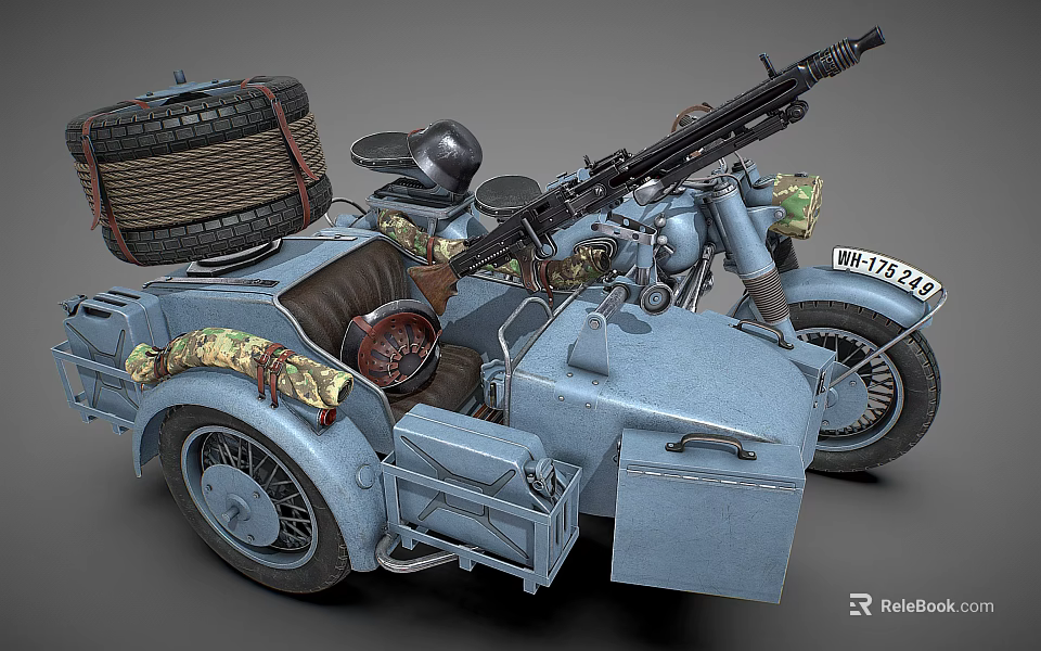 Vintage Military Style Motorcycle with Sidecar Equipped with Machine Gun Helmet and Spare Tire Gear 3d model 