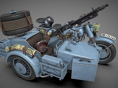 Vintage Military Style Motorcycle with Sidecar Equipped with Machine Gun Helmet and Spare Tire Gear 3d model