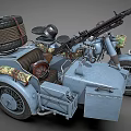 Vintage Military Style Motorcycle with Sidecar Equipped with Machine Gun Helmet and Spare Tire Gear
