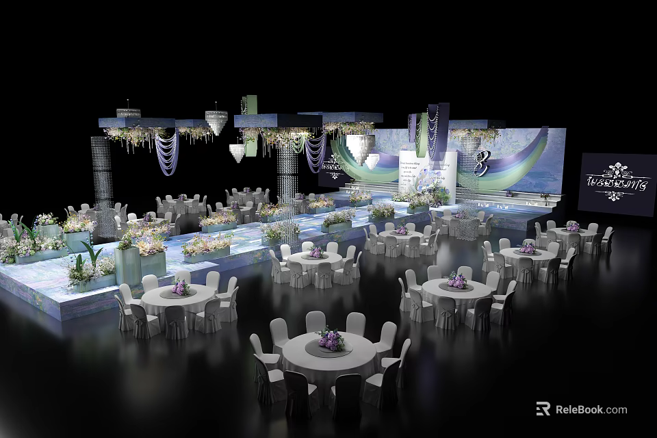 Elegant Wedding Stage Decorated With Table Settings Floral Arrangements And Lighting 3d model 