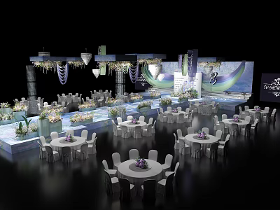 Elegant Wedding Stage Decorated With Table Settings Floral Arrangements And Lighting 3d model