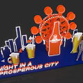 Large Orange Beer Bottle Decorative Display With Ferris Wheel Neon Sign And City Skyline