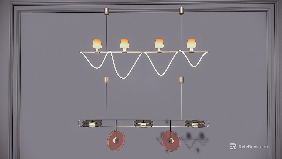 Modern Minimalist Chandelier Featuring Wavy Metal Frame And Warm Toned Hanging Bulbs 3d model 