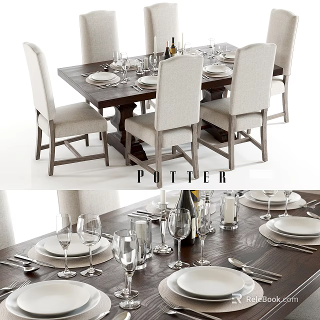 Elegant Wooden Dining Table Set With Linen Chairs And Tableware Arrangement 3d model