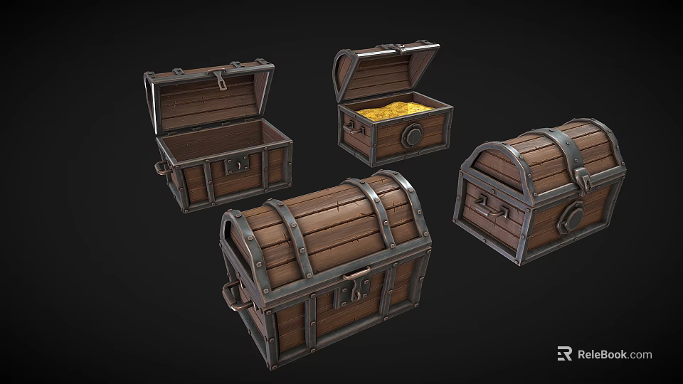 Vintage Wooden Storage Chests With Metal Bands And Open Lids Displaying Gold Coins Inside 3d model 