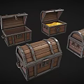 Vintage Wooden Storage Chests With Metal Bands And Open Lids Displaying Gold Coins Inside