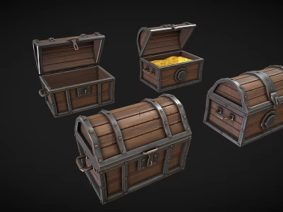 Vintage Wooden Storage Chests With Metal Bands And Open Lids Displaying Gold Coins Inside 3d model