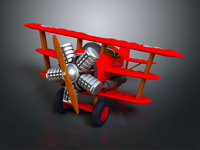 Red Vintage Biplane Passenger Plane With Silver Propeller Engine And Black Wheels 3d model