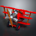 Red Vintage Biplane Passenger Plane With Silver Propeller Engine And Black Wheels