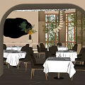 Elegant Restaurant Interior With Arched Doorway Large Windows Dining Tables White Tablecloths And Plants