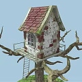 Cute Treehouse On Tree With Red Roof White Walls Wooden Ladder And Green Grass