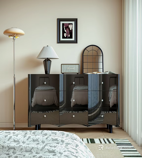 Stylish Mirrored Cabinet With Drawers Floor Lamp Table Lamp Framed Artwork And Mirror 3d model 