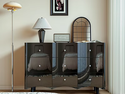 Stylish Mirrored Cabinet With Drawers Floor Lamp Table Lamp Framed Artwork And Mirror 3d model