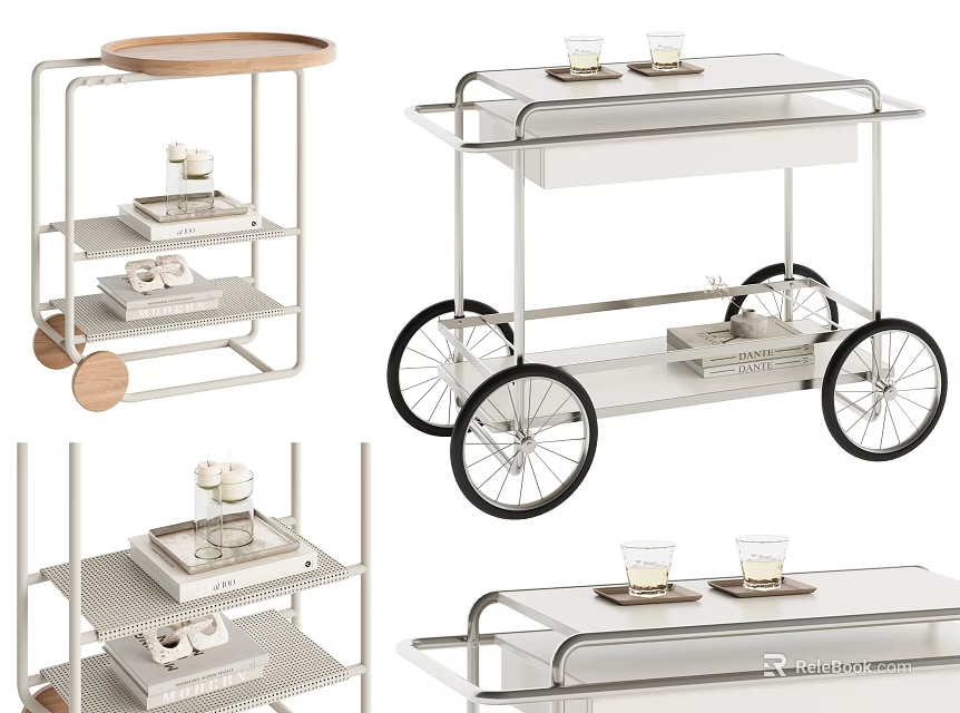 Modern Rolling Side Tables With Multi Tier Metal Frames Wooden Tops And Glasses 3d model 