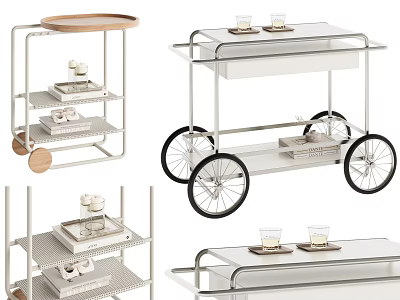 Modern Rolling Side Tables With Multi Tier Metal Frames Wooden Tops And Glasses 3d model